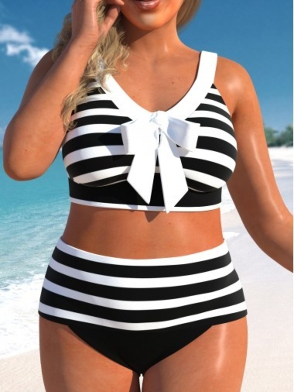 High Waisted Striped Bowknot Black & White Bikini Set Womens XL (16-18)